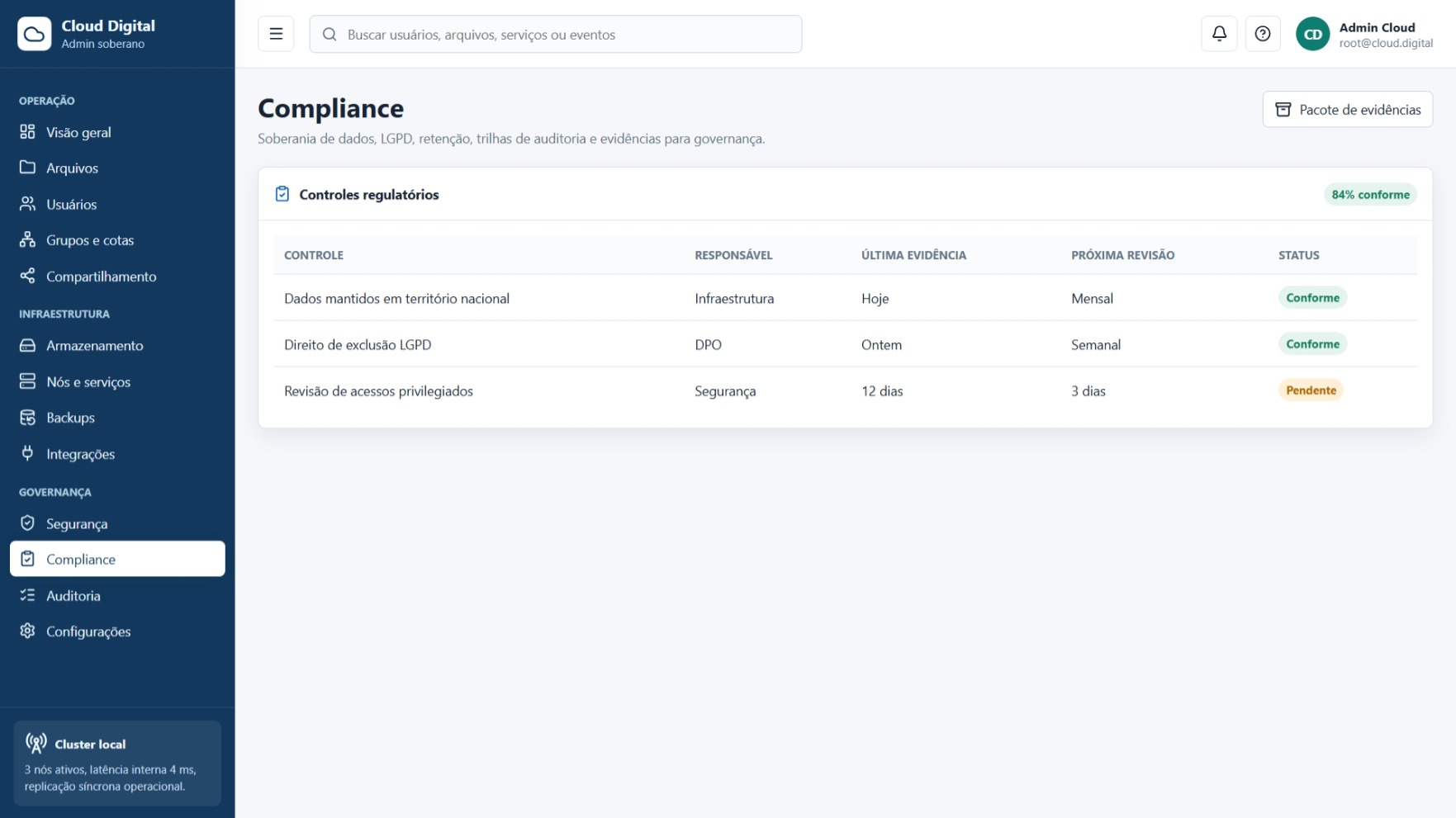 Compliance screen with LGPD and sector regulation conformity in Cloud Digital