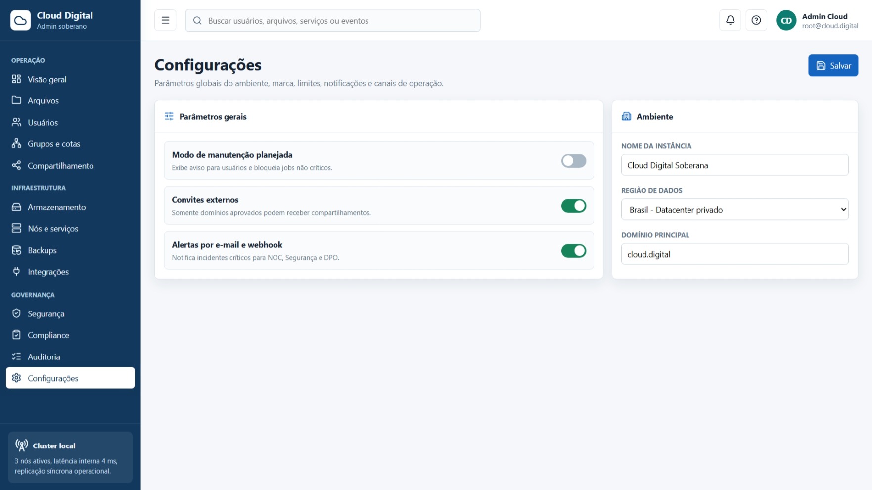 General settings screen for the Cloud Digital platform