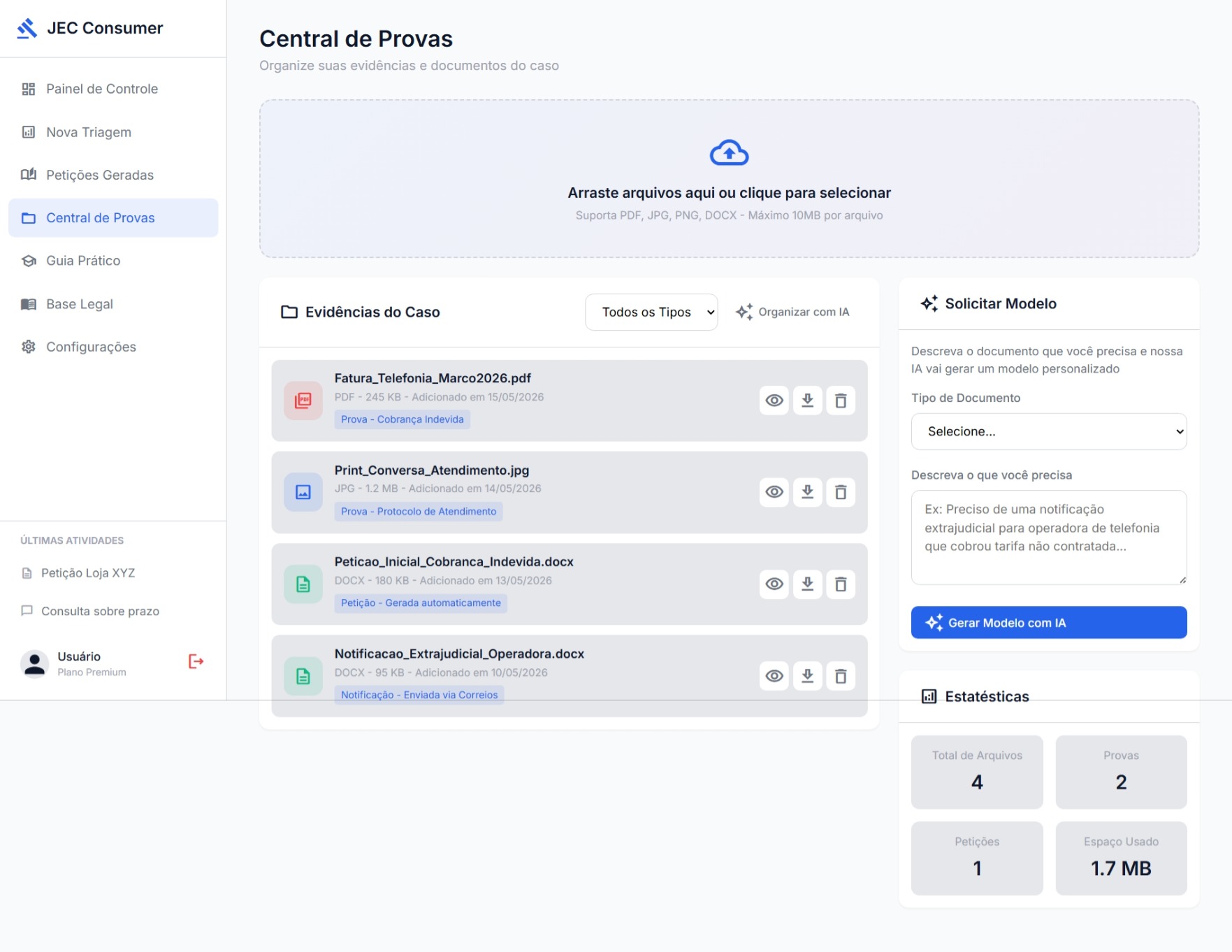 Evidence center in Digital Legal Guidance for organizing and linking documents, protocols and evidence to a case