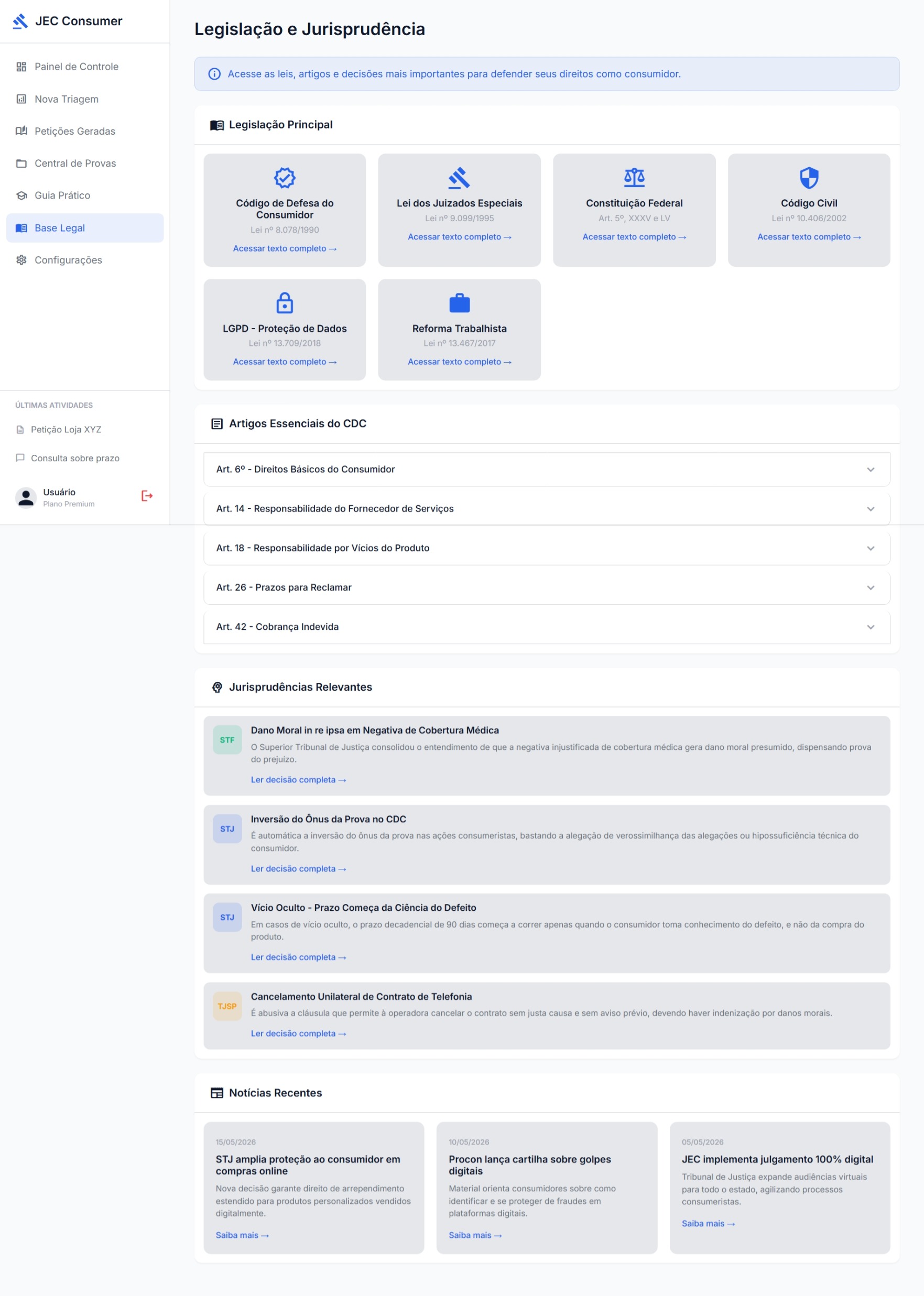 Legislation module in Digital Legal Guidance with access to laws, articles and public references applicable to the user's situation
