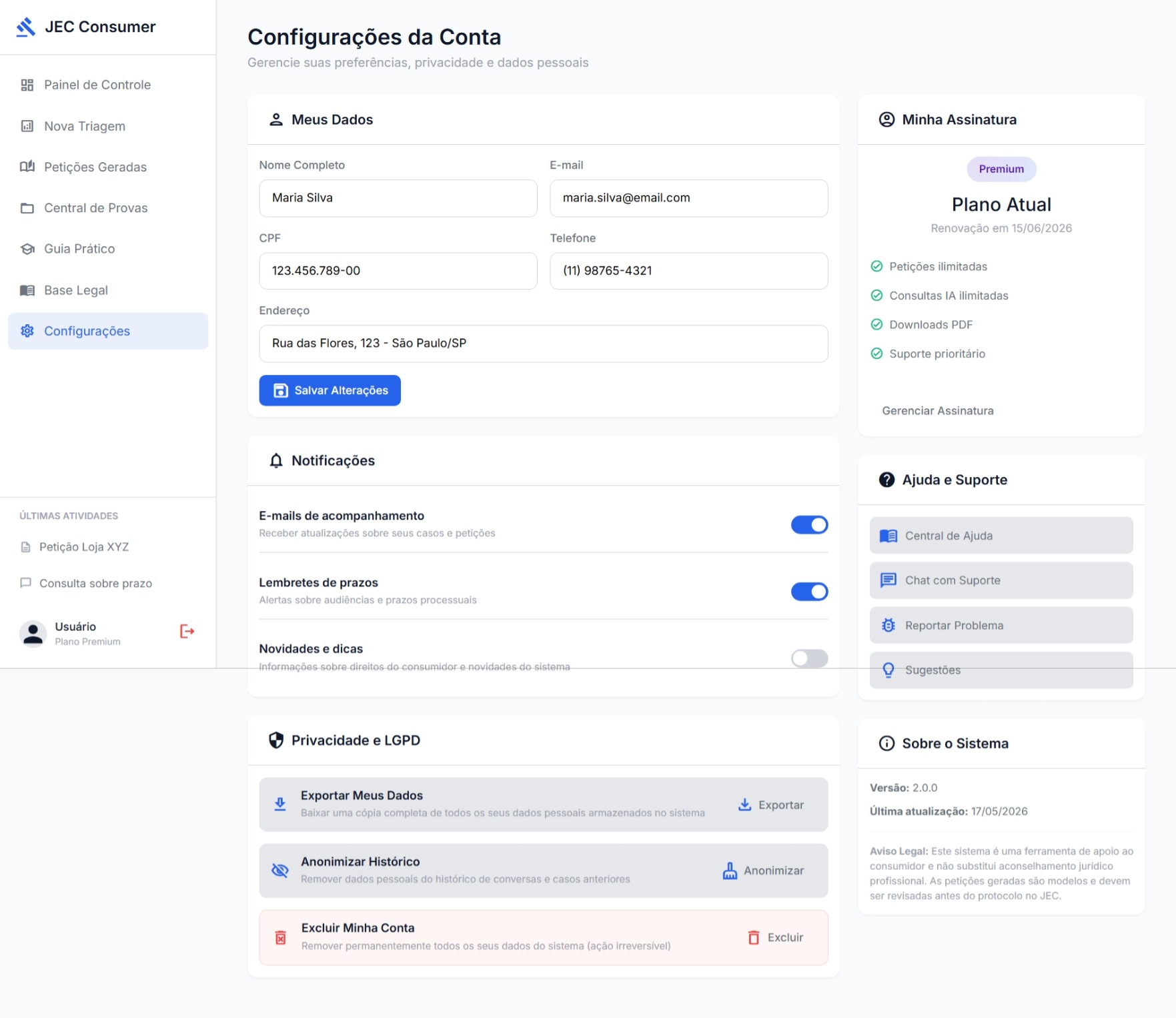 Digital Legal Guidance settings screen with profile management, preferences and platform parameters